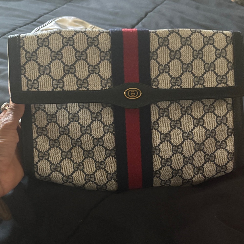 Gucci Beige and Navy Messenger Bag with Red Stripe
